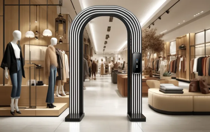 Dall·e 2024 05 08 18.16.55 An Image Showcasing A Stylish Entrance Gate Security System (arch Detector) For A Clothing Store, Blending Seamlessly With The Store's Modern And Eleg