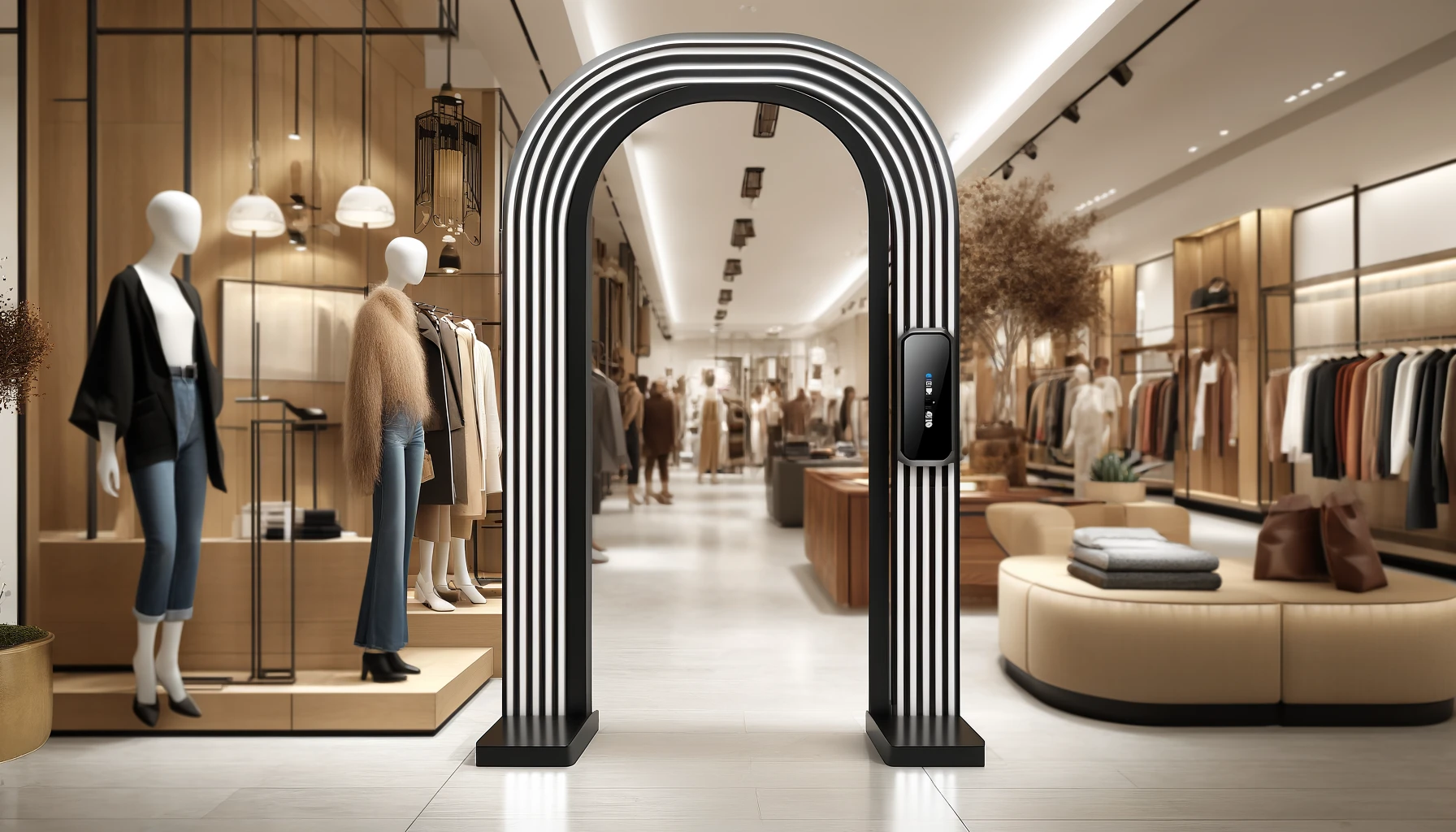 Dall·e 2024 05 08 18.16.55 An Image Showcasing A Stylish Entrance Gate Security System (arch Detector) For A Clothing Store, Blending Seamlessly With The Store's Modern And Eleg